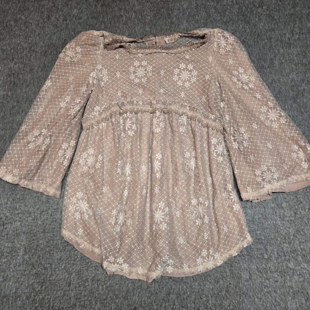 POL Lace Up Back Floral Lace Babydoll Blouse Womens M Dusty Rose Boho Peasant